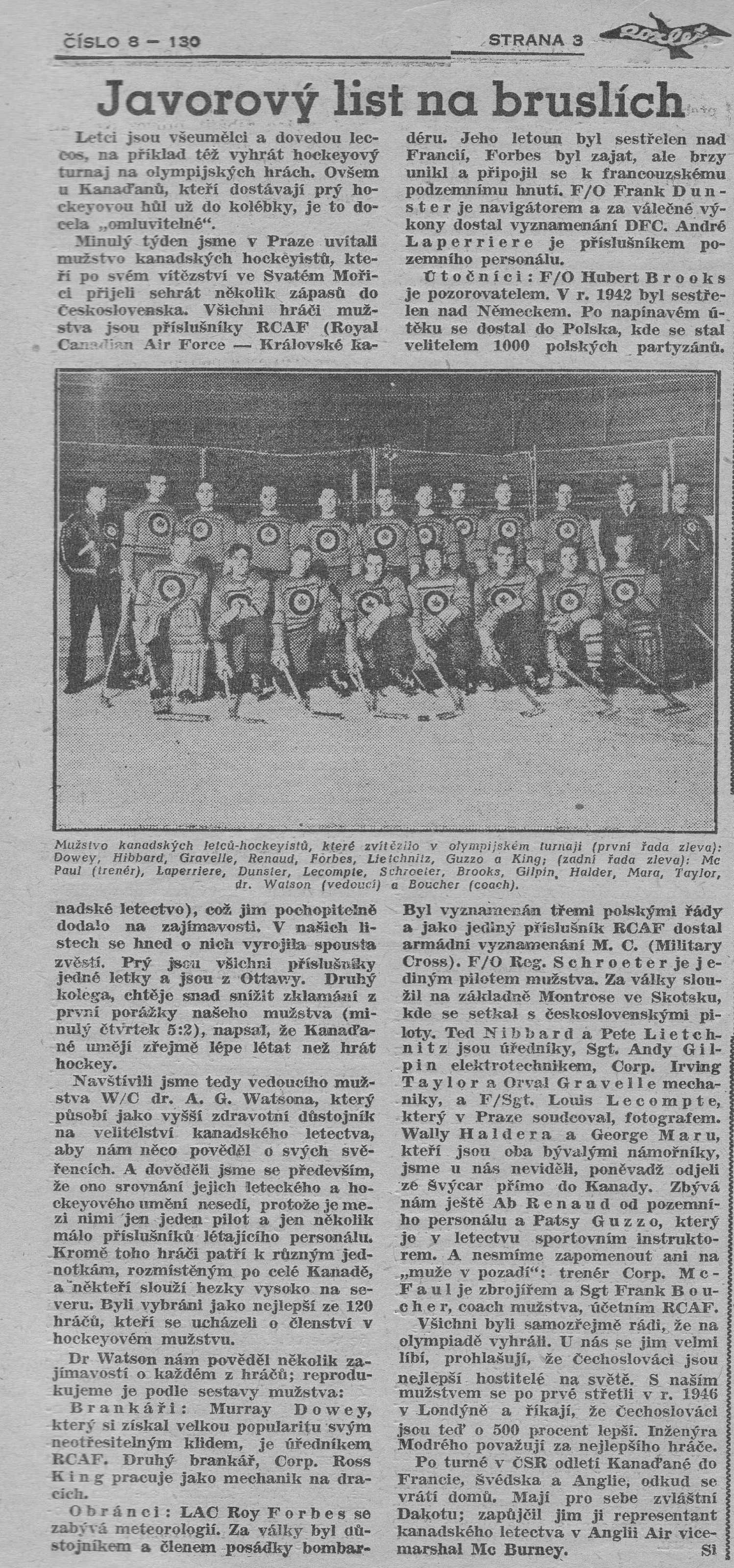 Photo: Page 3 of Czech newspaper Roxlet with RCAF Flyers Team Photo and Individual Bios